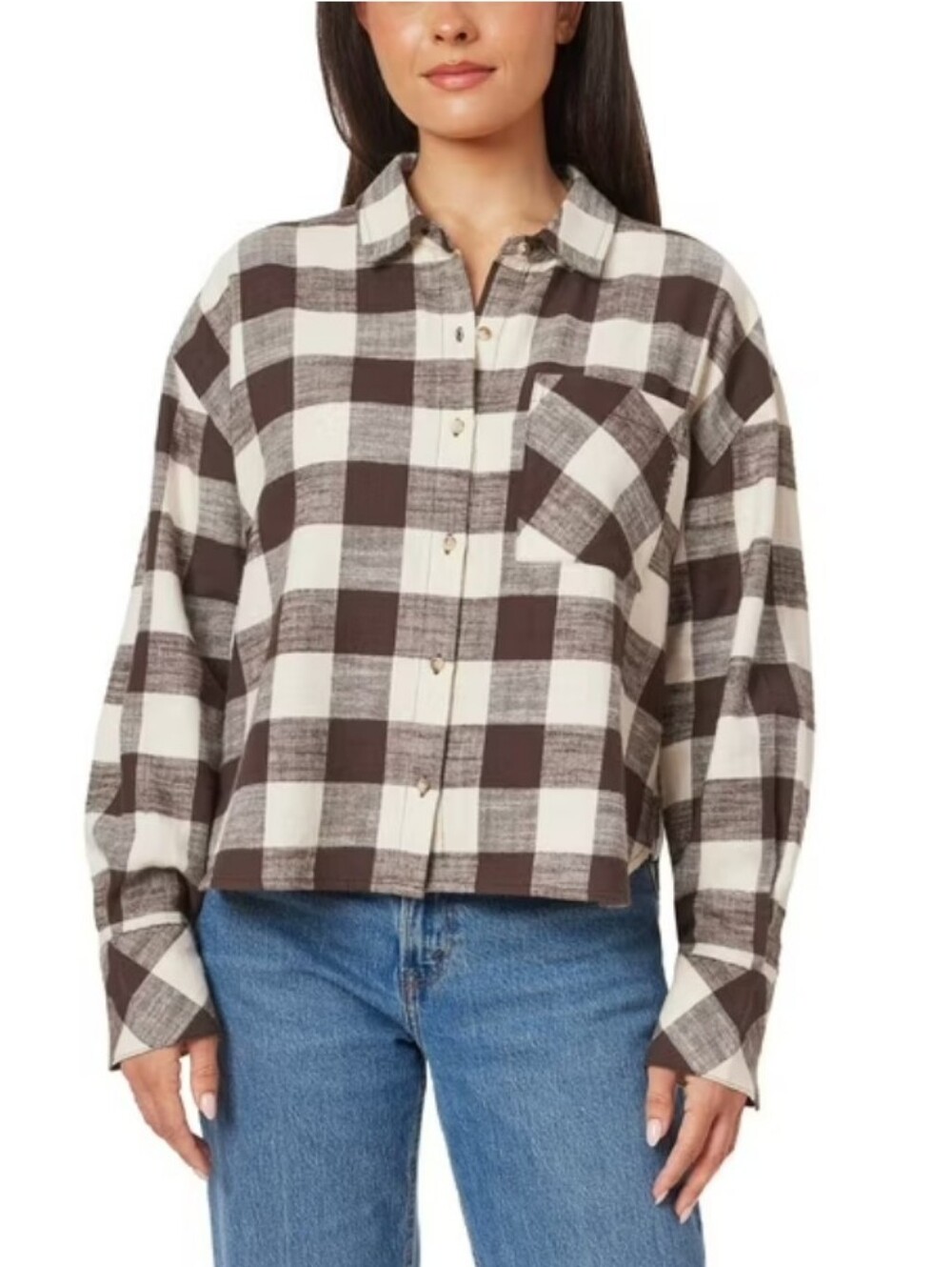 NWT Scotch & Soda Brown & Cream Check Women's Button-Up Flannel Shirt Size MED - Picture 1 of 10